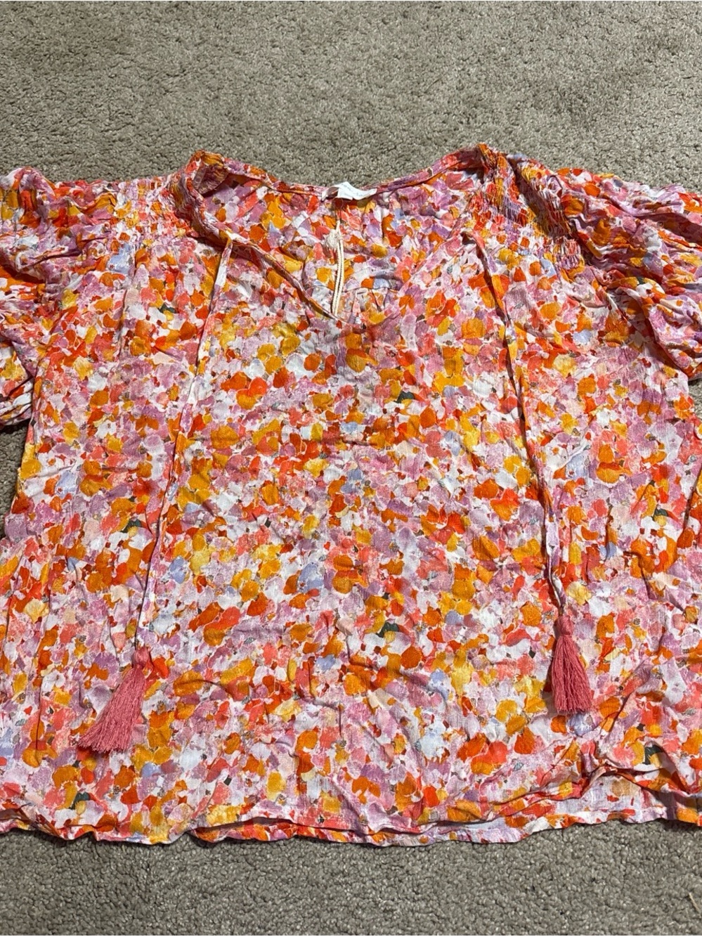 Floral Tie-Front Peasant Blouse in Pink & Orange